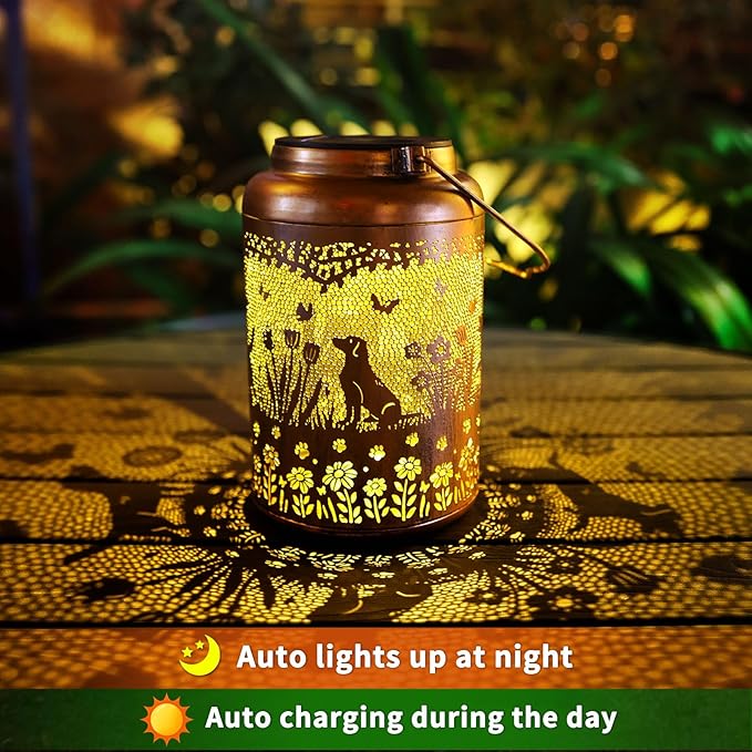 2Pack Dog Solar Lanterns Outdoor Waterproof Garden Decor Solar Lights Birthday Gifts for Women Mom Grandma Hanging Lantern LED Light Metal Dog Decoration Outside for YardLawnPorchPatioTabletop
