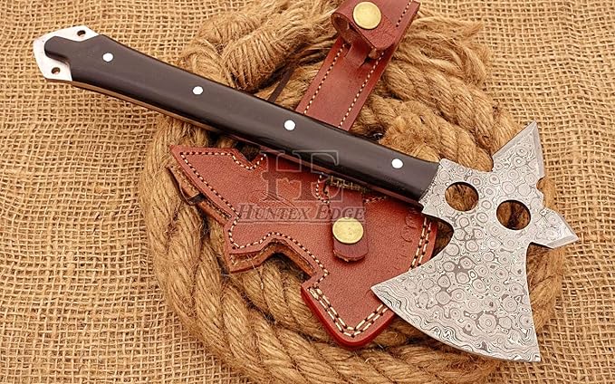 HUNTEX Unique Custom Hand-Forged Rain Drop Pattern Damascus Steel 12 Inch Long Buffalo Horn Handle Full Tang Razor Sharp Hunting Camping Hiking Hiking Axe with Genuine Leather Sheath