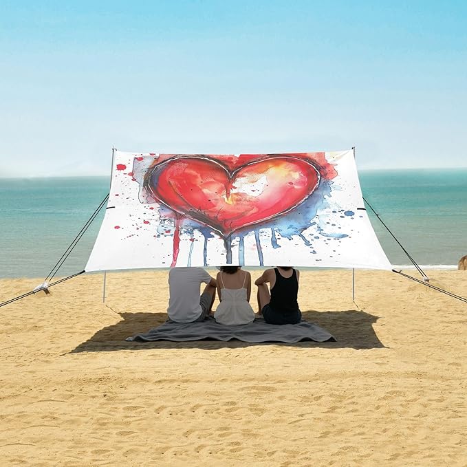 ALAZA Red Heart Watercolour Beach Tent Sun Shelter UPF50+ Protection Beach Shade Canopy w/ 4 Sandbags for Outdoor Camping Fishing Backyard Fun Picnic 10x9 ft