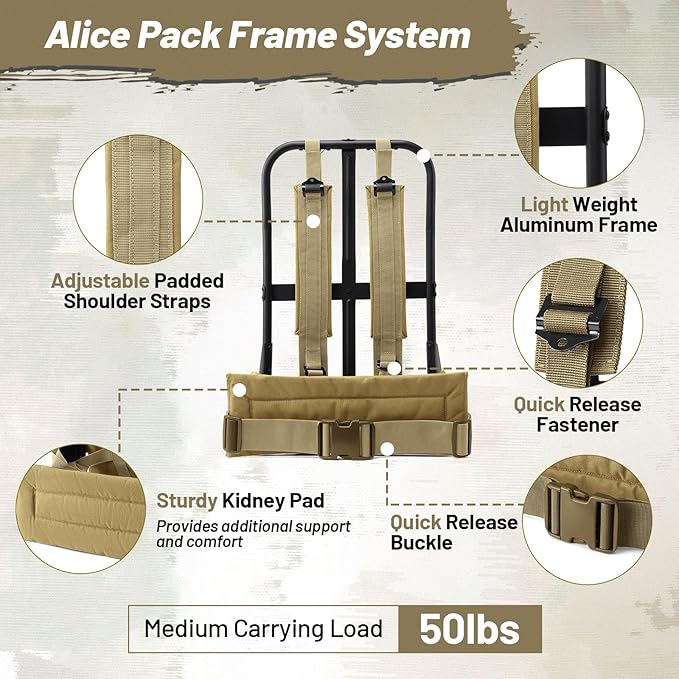 50L Military Alice Pack Army Survival Combat ALICE Rucksack Backpack for Men &amp Women for Camping Hiking Emergency Khaki