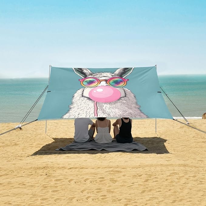 ALAZA Funny Llama Rainbow Glasses Beach Tent Sun Shelter UPF50+ Protection Beach Shade Canopy w/ 4 Sandbags for Outdoor Camping Fishing Backyard Fun Picnic 10x9 ft