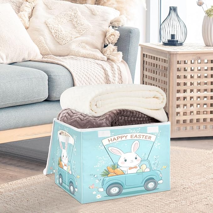Christmas Storage Baskets with Lids Cartoon Easter Bunny Collapsible Bins Stackable Fabric Linen Baskets Closet Organizer Container 16.5x12.6x11.8