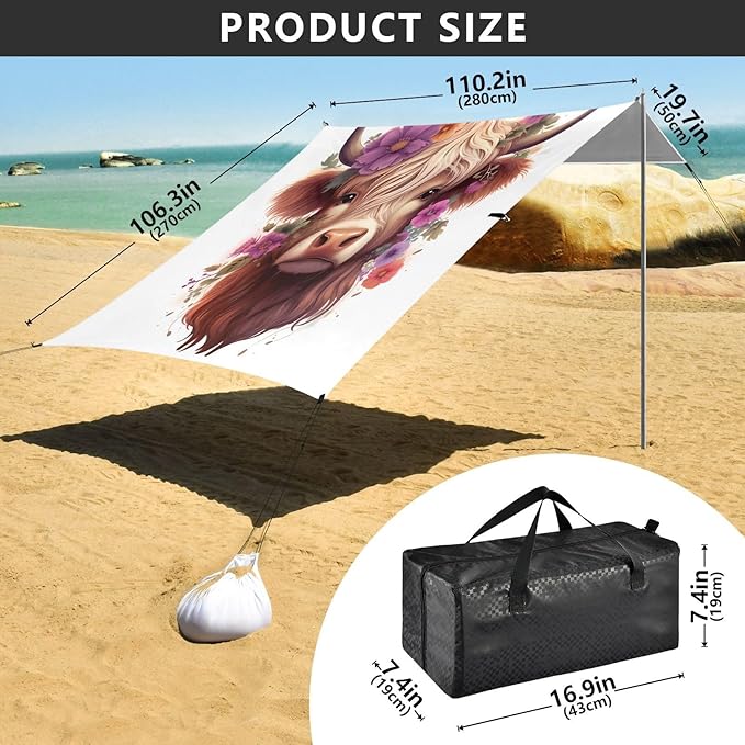 ALAZA Cute Cattle Beach Tent Sun Shelter UPF50+ Protection Beach Shade Canopy w/ 4 Sandbags for Outdoor Camping Fishing Backyard Fun Picnic 10x9 ft