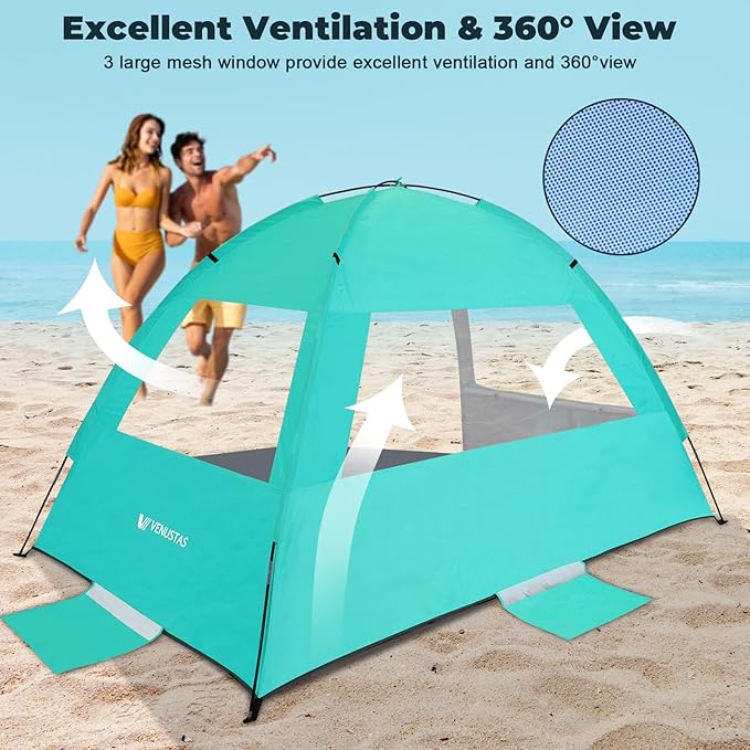 Venustas Beach Tent Sun Shelter for 3/4/6/8 Person UPF 50+ UV Protection Beach Canopy Lightweight and Easy Setup Cabana Portable Shade Tent