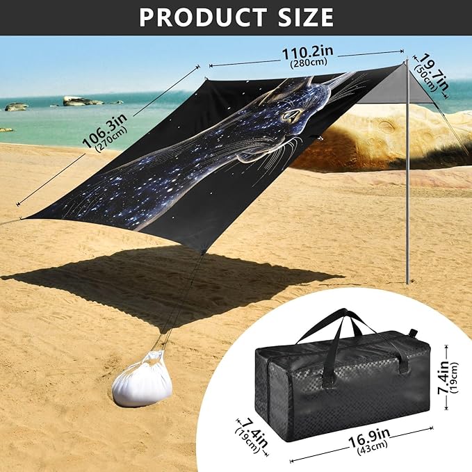 ALAZA Black Galaxy Beach Tent Sun Shelter UPF50+ Protection Beach Shade Canopy w/ 4 Sandbags for Outdoor Camping Fishing Backyard Fun Picnic 10x9 ft