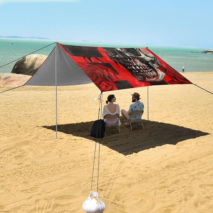 ALAZA Skull Red Rose Flower Beach Tent Sun Shelter UPF50+ Protection Beach Shade Canopy w/ 4 Sandbags for Outdoor Camping Fishing Backyard Fun Picnic 10x9 ft