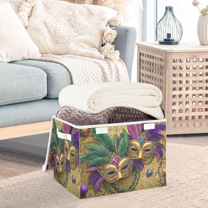 Mardi Gras Masks Yellow Storage Box with Lid 1 PC Foldable Storage Bin with Lids Stackable Storage Bins Cube Closet Organizer Basket with Flip-Top Lid &amp Handles for Shoes Books Towels