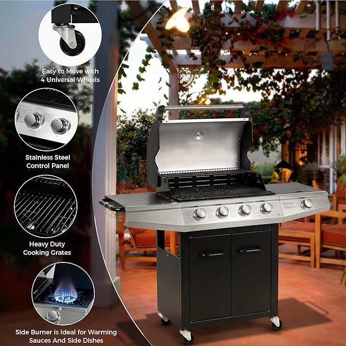 MASTER COOK 4+1 Burners Gas Grill 518 Sqin Cooking Area 52000 BTU Propane Grill with Side Burner Stainless Steel Cabinet Grill Black