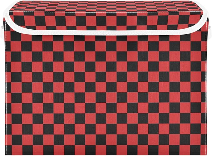 Red Black Checkerboard Storage Baskets Lidded Bin Foldable Storage Boxes Cubes Lids with 2 Handles for Organizing Closet Home Office