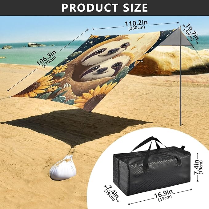 ALAZA Sloth Sunflower Moon Beach Tent Sun Shelter Portable Canopy Sunshade for Outdoor Camping Picnics Backyard Fun 10x9 ft