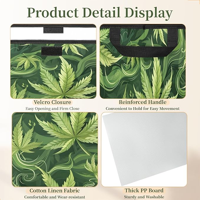 Leaf Storage Bins with Lids Green Leave Foldable Storage Boxes with Carrying Handle Organizer Containers Baskets Cube for Home Bedroom Closet