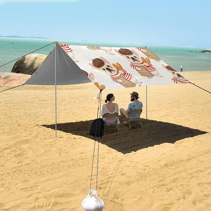 ALAZA Dogs French Bulldog Beret Beach Tent Sun Shelter UPF50+ Protection Beach Shade Canopy w/ 4 Sandbags for Outdoor Camping Fishing Backyard Fun Picnic 10x9 ft