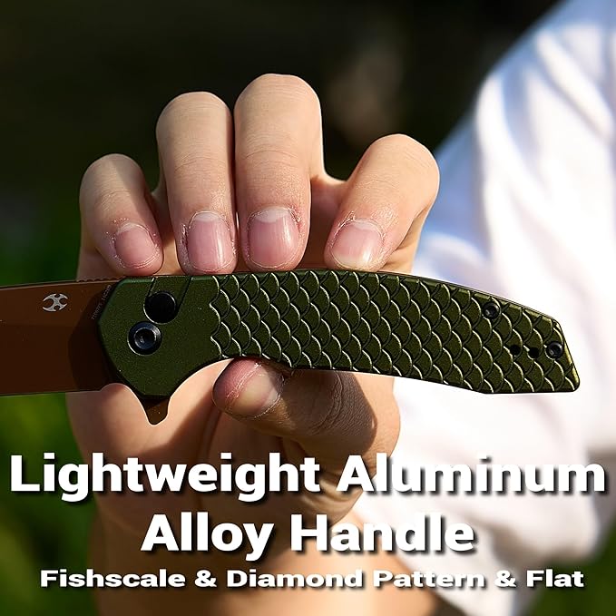 KANSEPT Accipiter Pocket Knife 3.53Rose Gold 14C28N BladeGreen Anodized Aluminum with Fish Scale Texture Handle Flipper Open &amp Button Lock Deep Clip EDC Folding Knives for Camping Hunting T10