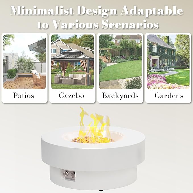 32.5 Inch Propane Fire Pit Table 50000 BTU Round Patio Fire Pit Table Outdoor CSA Certified Stainless Burner with Steel Lid Waterproof Cover &amp Lava Rocks for Backyard Garden White