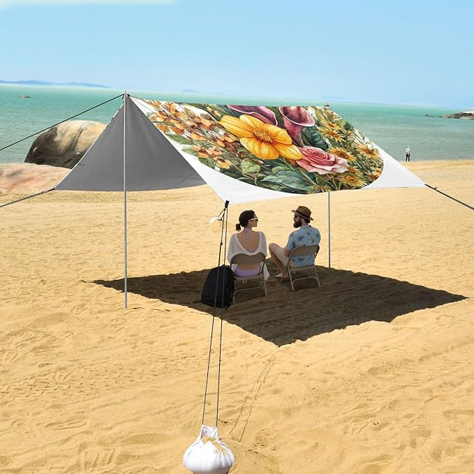 Spring Flowers Sunflower Calla Lily Rose White Stable Beach Tent UPF50 Water-Resistant Large Portable Sun Shelter with Sand Shovel for Camping Picnics Backyard &amp Fishing