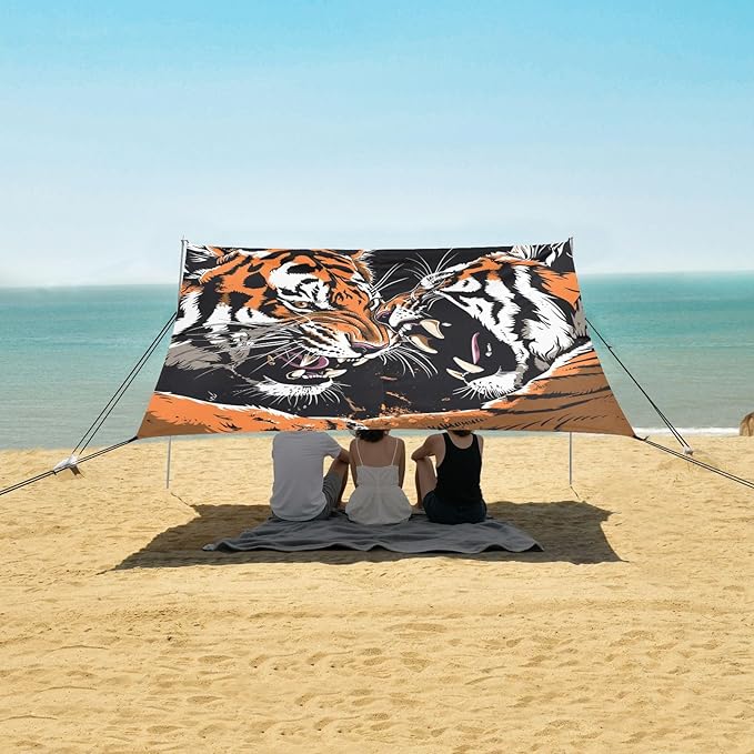 ALAZA Howling Tigers Fighting Beach Tent Sun Shelter UPF50+ Protection Beach Shade Canopy w/ 4 Sandbags for Outdoor Camping Fishing Backyard Fun Picnic 10x9 ft