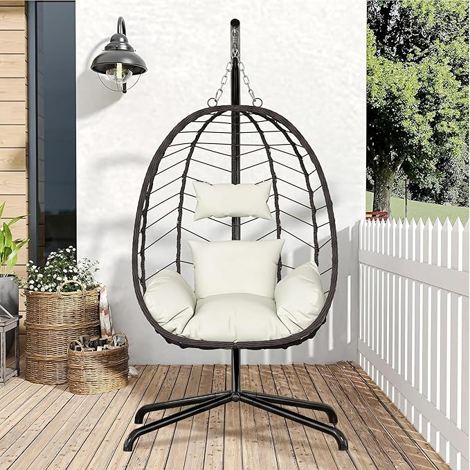 LEX CRAFT Hanging Egg Chair with Stand Swinging Egg Chair Outdoor Indoor Hanging Basket Chair with Cushion Patio Wicker Hammock Chair 350lbs Capacity for Porch Balcony Backyard Garden (Beige)