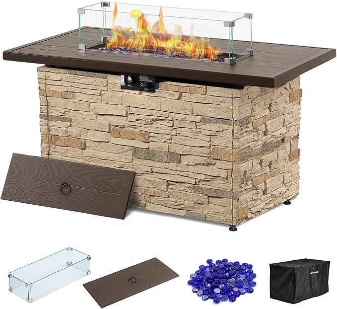 PIZZELLO 43 Inch Propane Fire Pit Table Outdoor Stone Firepit Table Rectangular 50000 BTU Gas Firepits for Outside Patio with Wind Guard Table Lid Fire Beads Cover Pizzello Caldo (Buff)