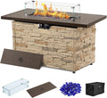 PIZZELLO 43 Inch Propane Fire Pit Table Outdoor Stone Firepit Table Rectangular 50000 BTU Gas Firepits for Outside Patio with Wind Guard Table Lid Fire Beads Cover Pizzello Caldo (Buff)