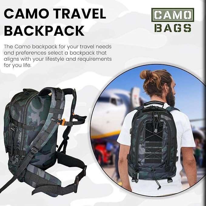 Camo Expandable Travel Backpack with 1000 Denier Cordura Polyester - Backpack For Men with Padded Straps &amp Multiple Compartments - Hiking Backpack for Campers Travelers with Large-Capacity Storag