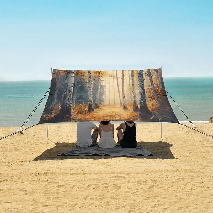 Autumn Woods Painting Beach Tent Sun Shelter Set UPF50+ UV Protection 10.5 x 9.19 FT Camping Shade Canopy with Sandbags Sand Anchors Carrying Bag and Others