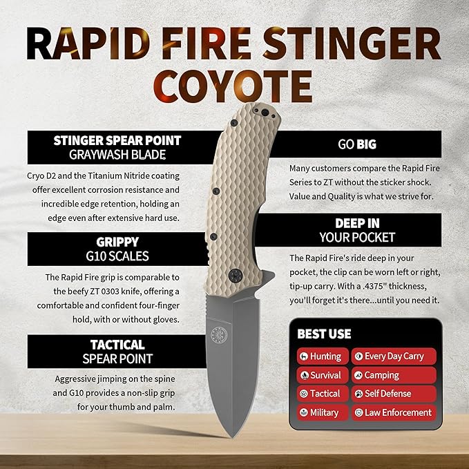 Off-Grid Knives - Rapid Fire Stinger Assisted Spear Point Blade Hard Use Build Tactical Camping &amp Survival EDC Cryo D2 Steel G10 Scales Deep Pocket Carry (Coyote)