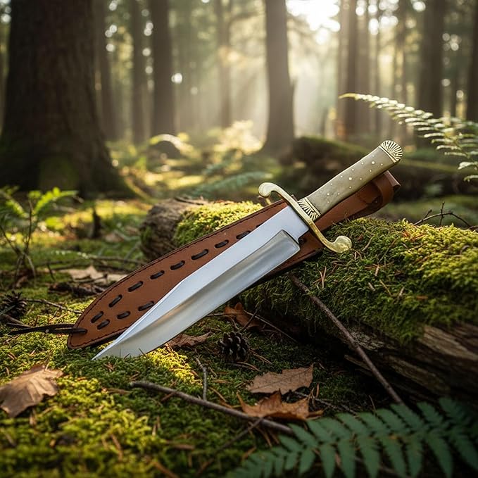 SZCO Classic Bowie Knife 15 Inch - Hunting Knife with Carbon Steel Blade Bone Handle Brass guard and Leather Sheath - Pocket knife for for Hiking Camping &amp Hunting