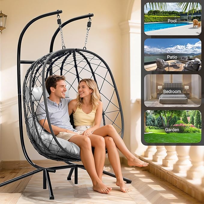 LEVELEVE Double Egg Swing Chair with Stand - 2 Person Outdoor Patio Hanging Wicker Hammock Chair with Cushion Dark Grey for Garden Lawn Bedroom Indoor/Outdoor Use