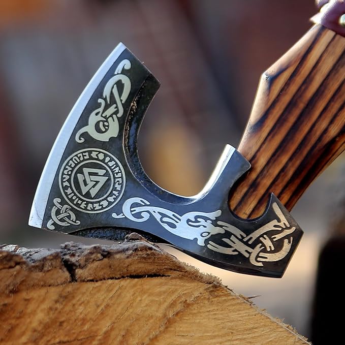 SHINY CRAFTS® Handcrafted Decorative Viking Axe with Leather-Wrapped Handle &amp Sheath – Engraved Blade – Ceremonial Collectible Gift for Men Warriors History Buffs Cosplay &amp Display (VBA-07)