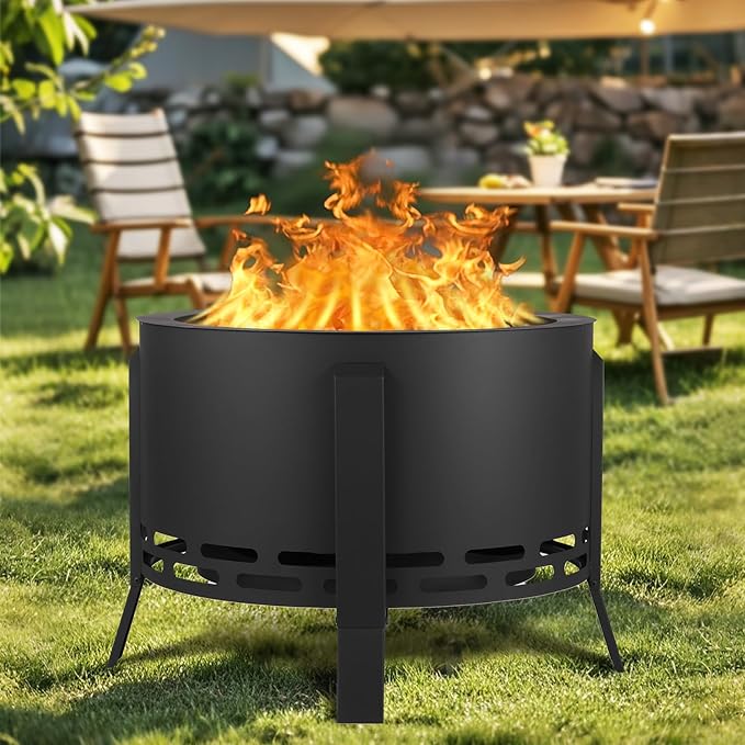 GarveeLife 26 in Smokeless Fire Pit with Ash Tray BaseSmokeless Outdoor Firepits with Adjustable Foot&ampFire PokerFirepit with Dust BagOutdoor Fire Pits for BBQBonfireCamping