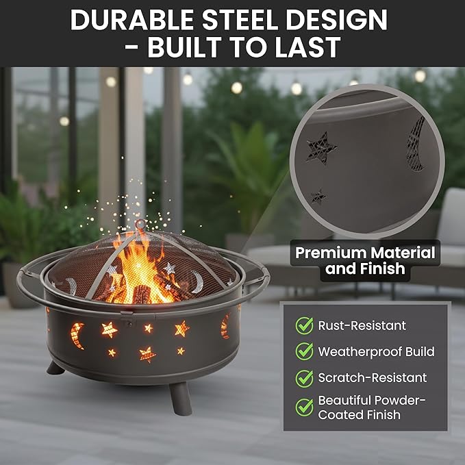 Fire Pit - 32-Inch Outdoor Wood Burning Firepit with Screen Poker and Cover - Outdoor Fire Pits for Backyard Deck or Patio by Pure Garden (Black)