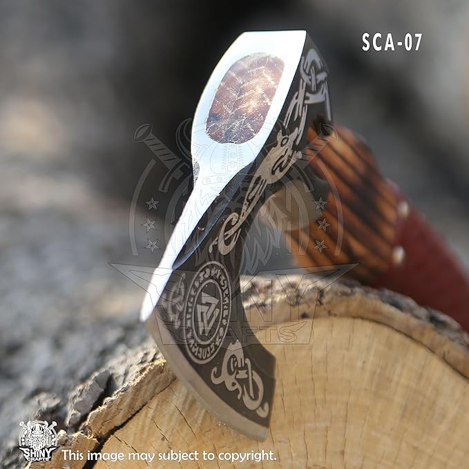 SHINY CRAFTS® Handcrafted Decorative Viking Axe with Leather-Wrapped Handle &amp Sheath – Engraved Blade – Ceremonial Collectible Gift for Men Warriors History Buffs Cosplay &amp Display (VBA-07)