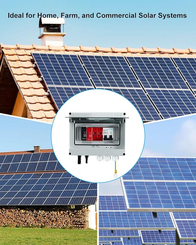 600V Solar DC PV Combiner Box 1 String with Lightning Arrester Connector for On/Off Grid Solar Panel System 1 Input 1 Out 32A Fuse 63A Circuit Breaker Waterproof ABS Enclosure