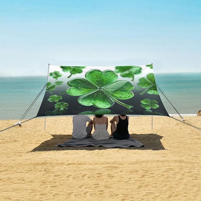 St Patrick's Day Crystal Clovers Beach Tent Sun Shelter Set UPF50+ UV Protection 10.5 x 9.19 FT Camping Shade Canopy with Sandbags Sand Anchors Carrying Bag and Others