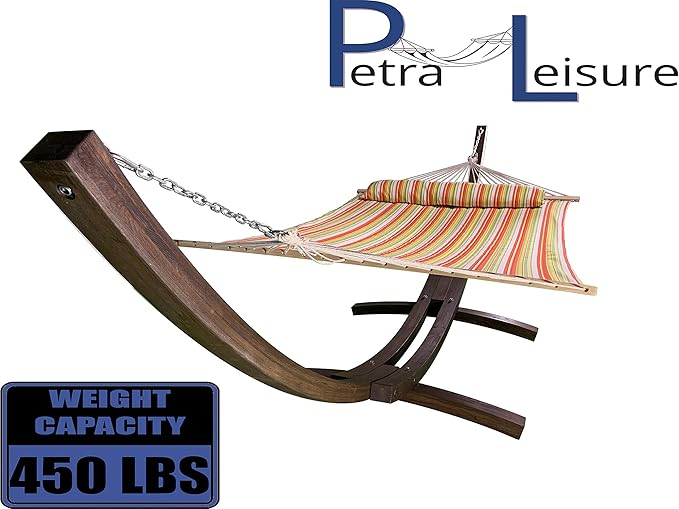 14 Ft. Wooden Arc Hammock Stand + Deluxe Quilted Double Padded Hammock Bed w/Pillow. 2 Person Bed. 450 LB Capacity(Coffee Stain/Spring Stripe)