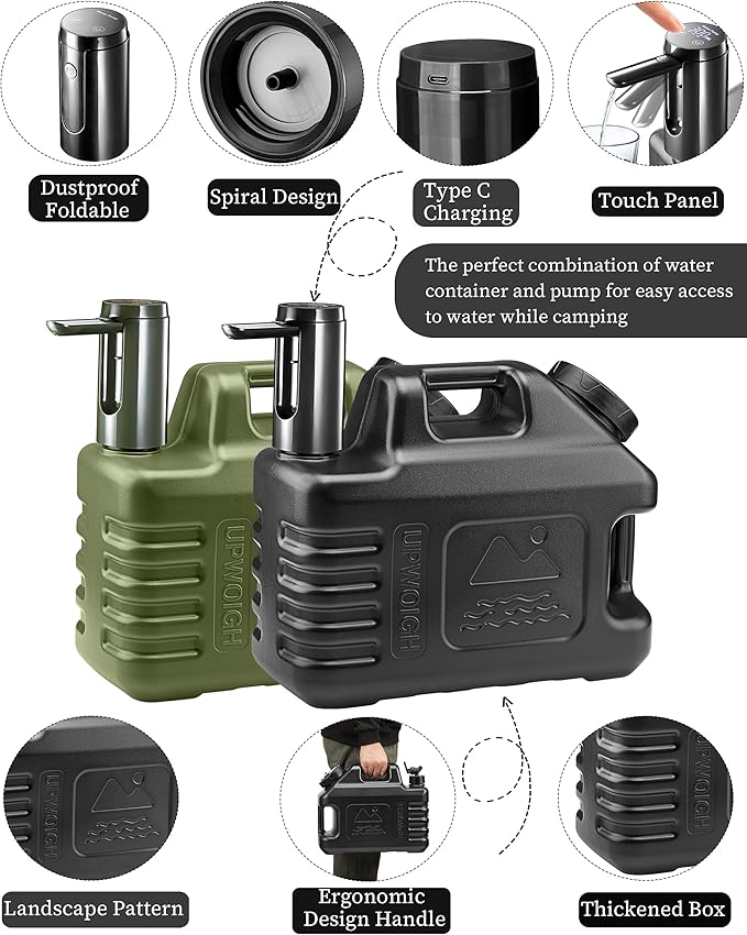 UPWOIGH 3.5 Gallon Portable Water Jug in Black with Screw-Lock Leakproof Touch Pump Nature-Inspired Carved Container with Spigot Type-C Rechargeable Outdoor Water Tank for Camping Hiking