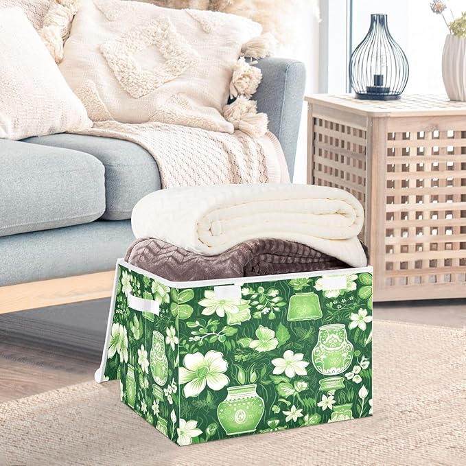 Christmas Storage Baskets with Lids Green and White Flower Vases Collapsible Bins Stackable Fabric Linen Baskets Closet Organizer Container 16.5x12.6x11.8