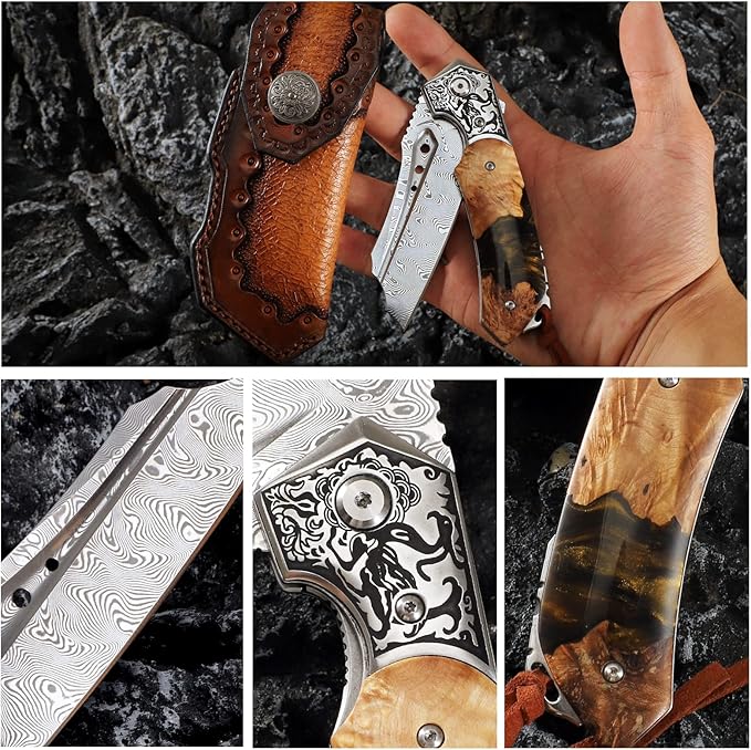Japan Handmade Damascus steel steel Folding Pocket Knife3.5 in High hardness bladeFrame LockWith Leather Sheathresin and Maple handleMountaineering go fishing hunting Adventure Knifee