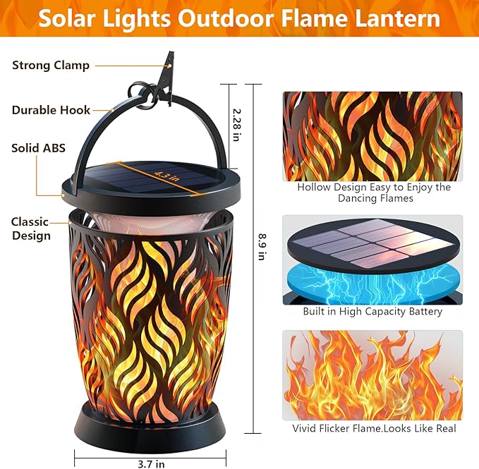 Solar Lanterns Outdoor Waterproof 2 Pack Flickering Solar Flame Lights Upgraded Hanging Flame Lantern Pathway Torch Light Table Lamp Auto On/ Off Porch Yard Gifts (1 Lighting Mode)