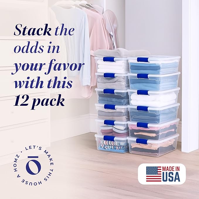 HOMZ 12-Pack Secure Latch Clear Plastic Storage Organizer Bins 15.5 Quart Blue - Stackable Container Boxes for Bedroom Bathroom Garage and Office Organization