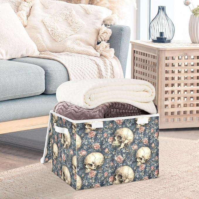 Storage Cube with Lid Flowers Skulls Print 16.5×12.6×11.8 IN 1 Pack Collapsible Large Capacity Foldable Storage Basket Bin Organizer