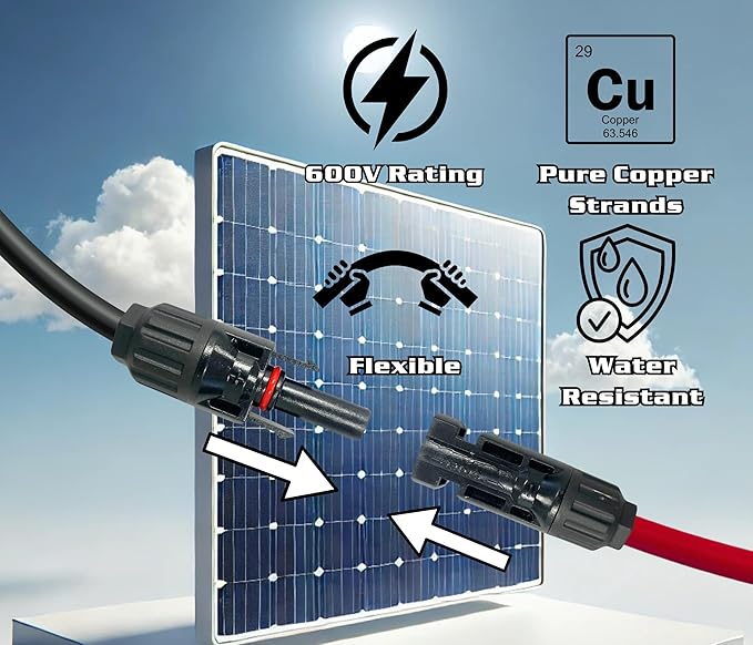 WindyNation 10 Gauge 10 AWG Pair 20 Feet Black + 20 Feet Red PV Photovoltaic Solar Panel Extension Cable Wire Solar Connectors