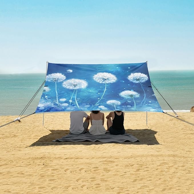White Dandelions Foldable Beach Canopy UPF50+ Lightweight Large Sun Shelter with Sandbags &amp Sand Shovel for Camping Picnics Backyard &amp Fishing