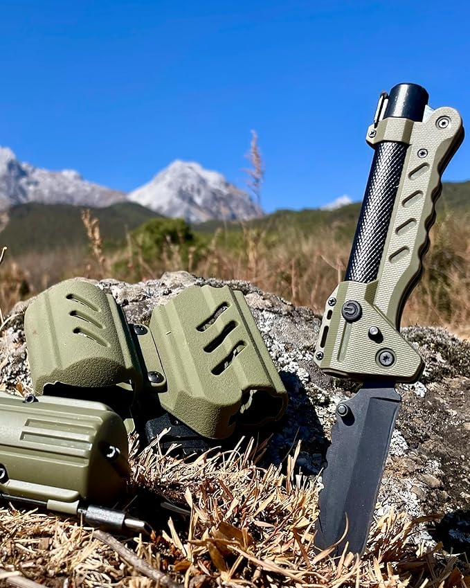 sayram Survival Multi Tool - 4-in-1 Tactical Knife Rechargeable Flashlight Pulse Arc Lighter Hand Crank Generator for Emergency Camping &amp Outdoor (Belt Sheath Included) (Green)