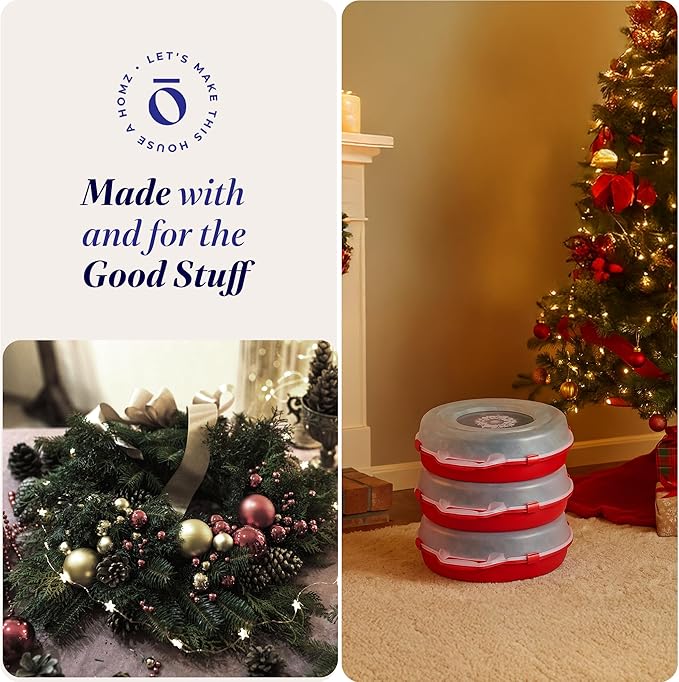 HOMZ 3-Pack 24 Inch Seasonal Holiday Clear Plastic Wreath Storage Containers Red – Stackable Decoration Organizer Bins with Lids and Handles for Christmas Wreaths and Garlands