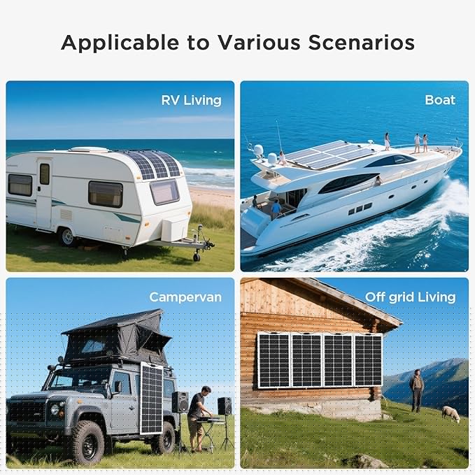 200W Flexible Solar Panel Kit (2x100W) Heat-Reflective White Backsheet Marine-Grade ETFE Solar Panel IP68 Waterproof for Motorhome Boat Van Camper White RVs