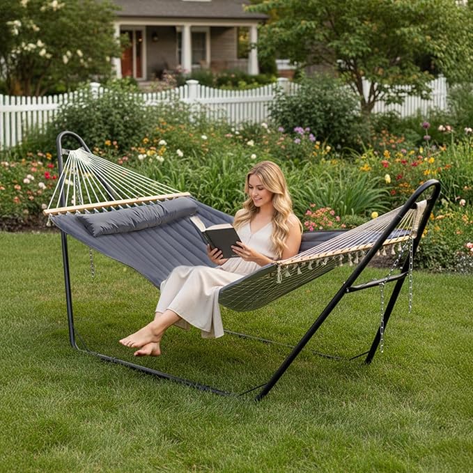 ONCLOUD Hammock with Stand for Outsides Heavy Duty Adjustable Double Hammock Set All-in-one Use Hammock with Stand for Outdoors Patio Garden Yard 550 LBS (Grey Set)