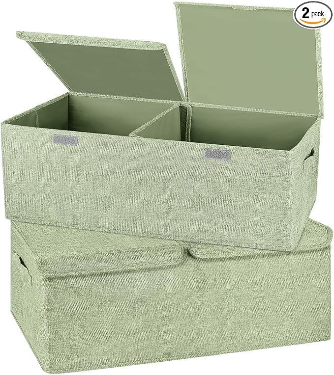 2 Pack Storage Boxes with Lids and Handles Collapsible Linen Storage Bins Organizer Containers Baskets Cube with Removable Divider for Home Bedroom Closet Office (Green Small)