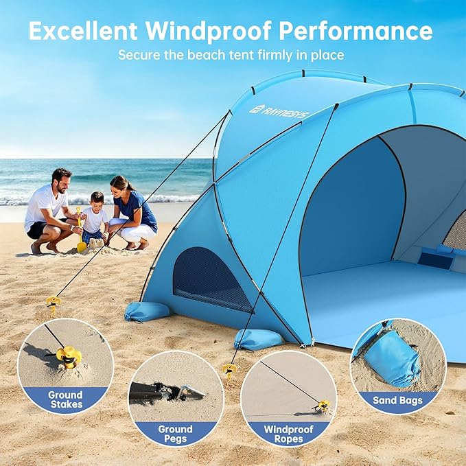 Raynesys Beach Tent Sun Shelter Beach Shade Tent with UPF50+ UV Protection Portable Sun Shelter for 1-3 Person Shade Tents with 2 Zippered Doors for Sand Camping Fishing Blue