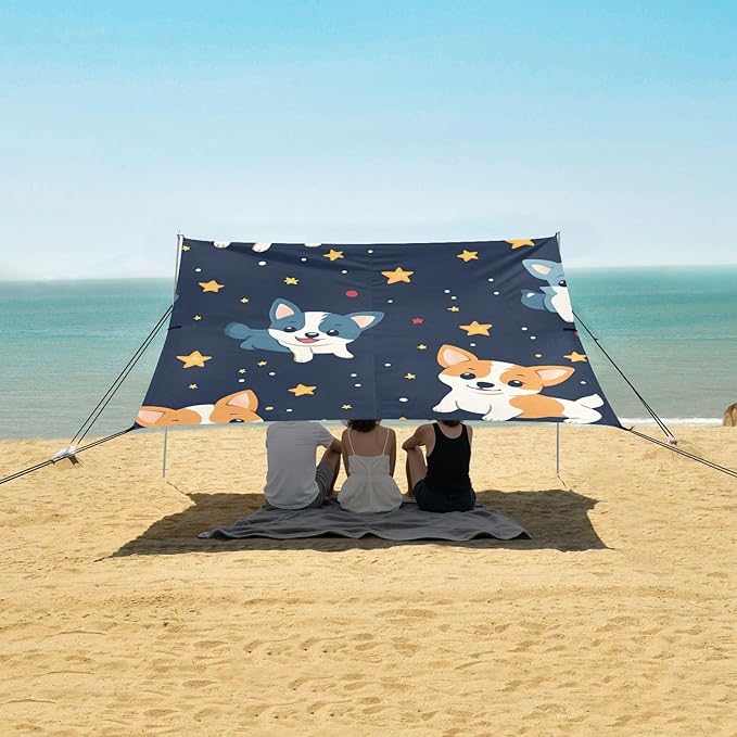 ALAZA Cute Puppies Dog Stars Seamless Beach Tent Sun Shelter Portable Canopy Sunshade for Outdoor Camping Picnics Backyard Fun 10x9 ft